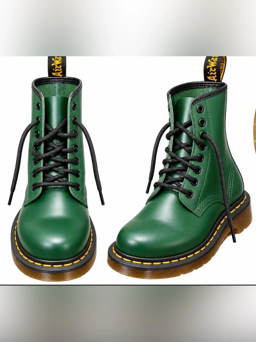 Dr. Martens Green Leather Lace-Up Combat Boots with Black Laces